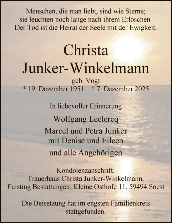 Traueranzeige von Christa Junker-Winkelmann von HASO