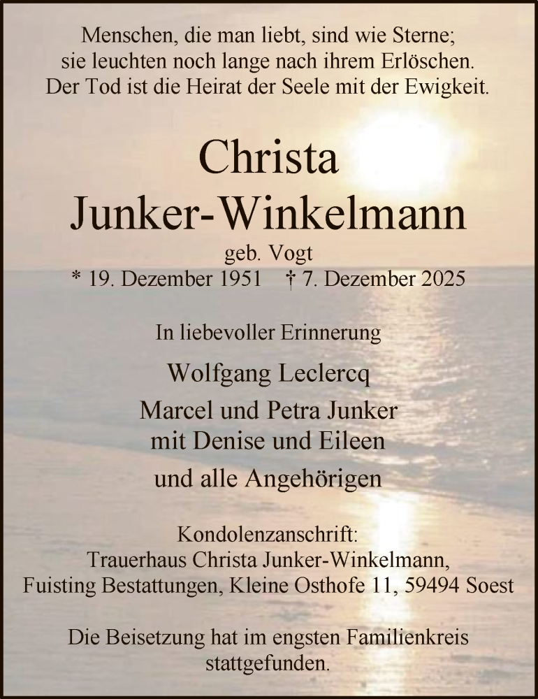  Traueranzeige für Christa Junker-Winkelmann vom 20.12.2025 aus HASO