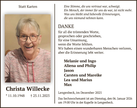 Traueranzeige von Christa Willecke von HASK