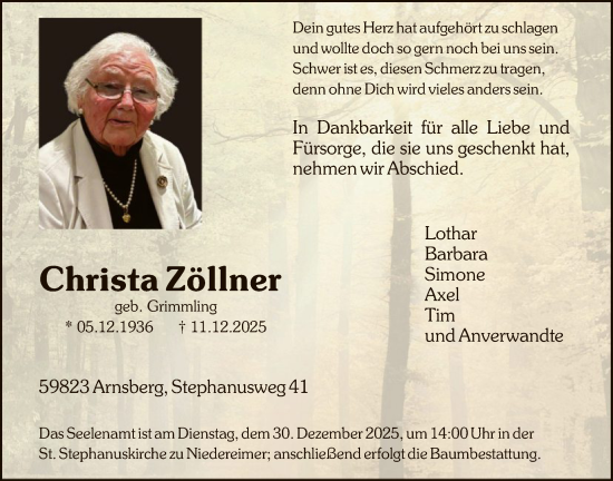 Traueranzeige von Christa Zöllner von HASK