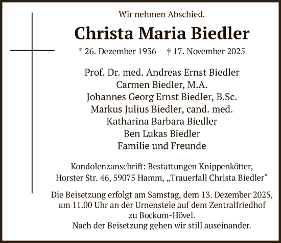 Traueranzeige von Christa Maria Biedler von HAWA