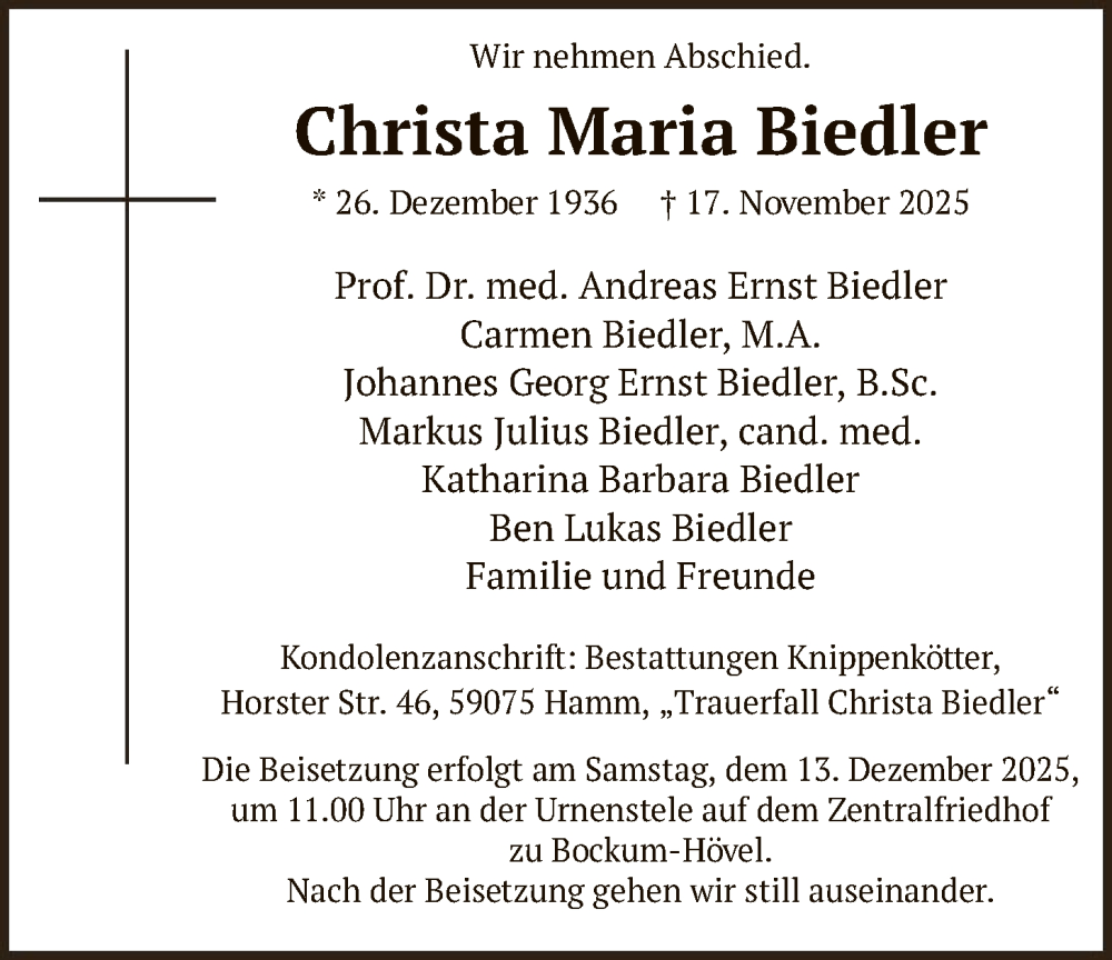  Traueranzeige für Christa Maria Biedler vom 06.12.2025 aus HAWA