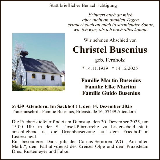 Traueranzeige von Christel Busenius von HASK