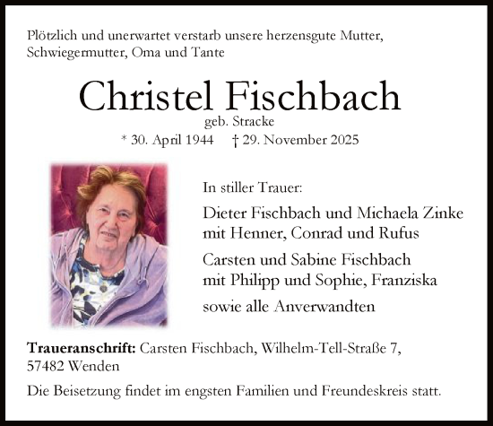 Traueranzeige von Christel Fischbach von HASK