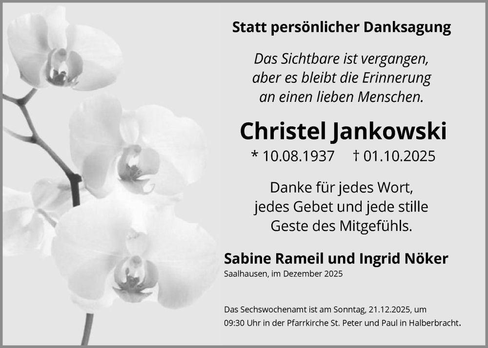  Traueranzeige für Christel Jankowski vom 13.12.2025 aus HASK
