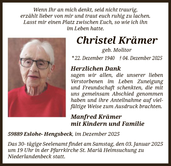 Traueranzeige von Christel Krämer von HASK