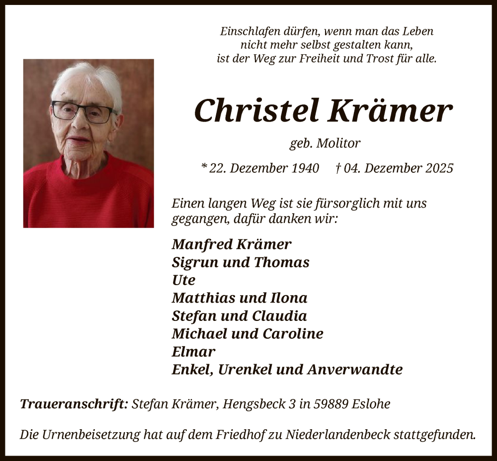  Traueranzeige für Christel Krämer vom 13.12.2025 aus HASK
