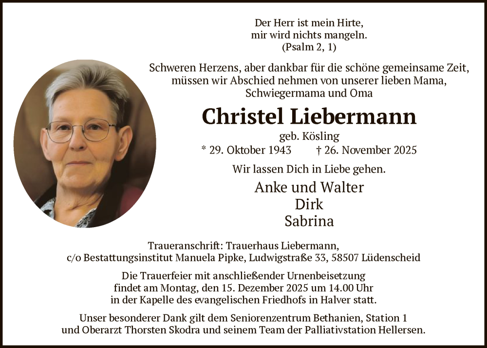  Traueranzeige für Christel Liebermann vom 06.12.2025 aus HALN