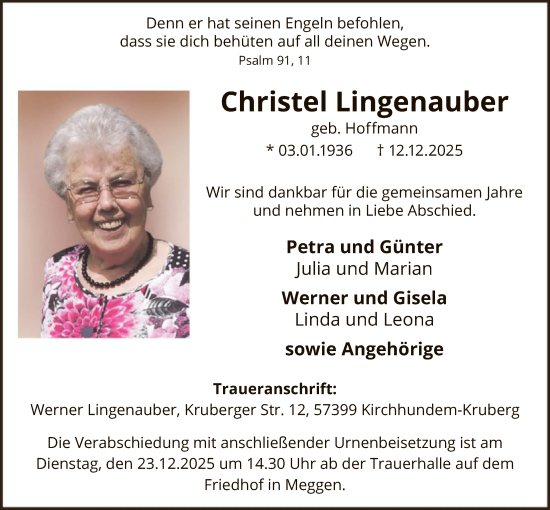 Traueranzeige von Christel Lingenauber von HASK