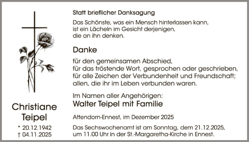  Traueranzeige für Christiane Teipel vom 13.12.2025 aus HASK