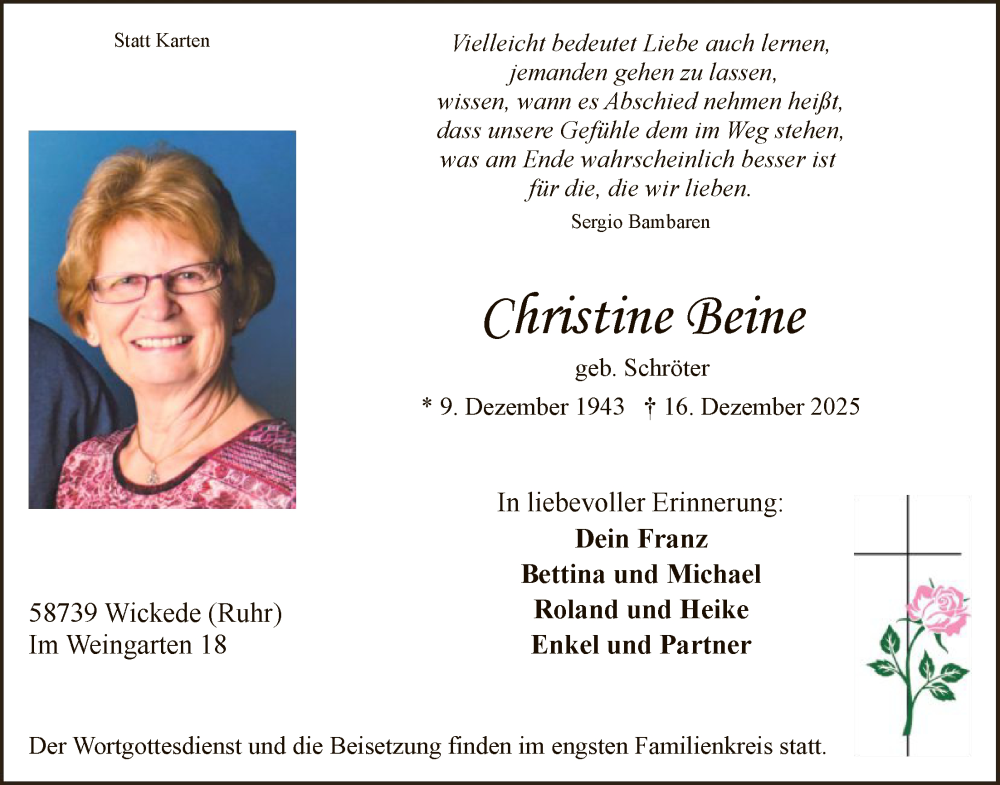  Traueranzeige für Christine Beine vom 20.12.2025 aus HASO