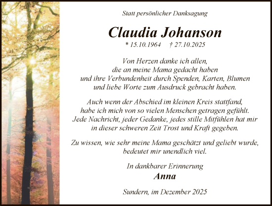 Traueranzeige von Claudia Johanson von HASK