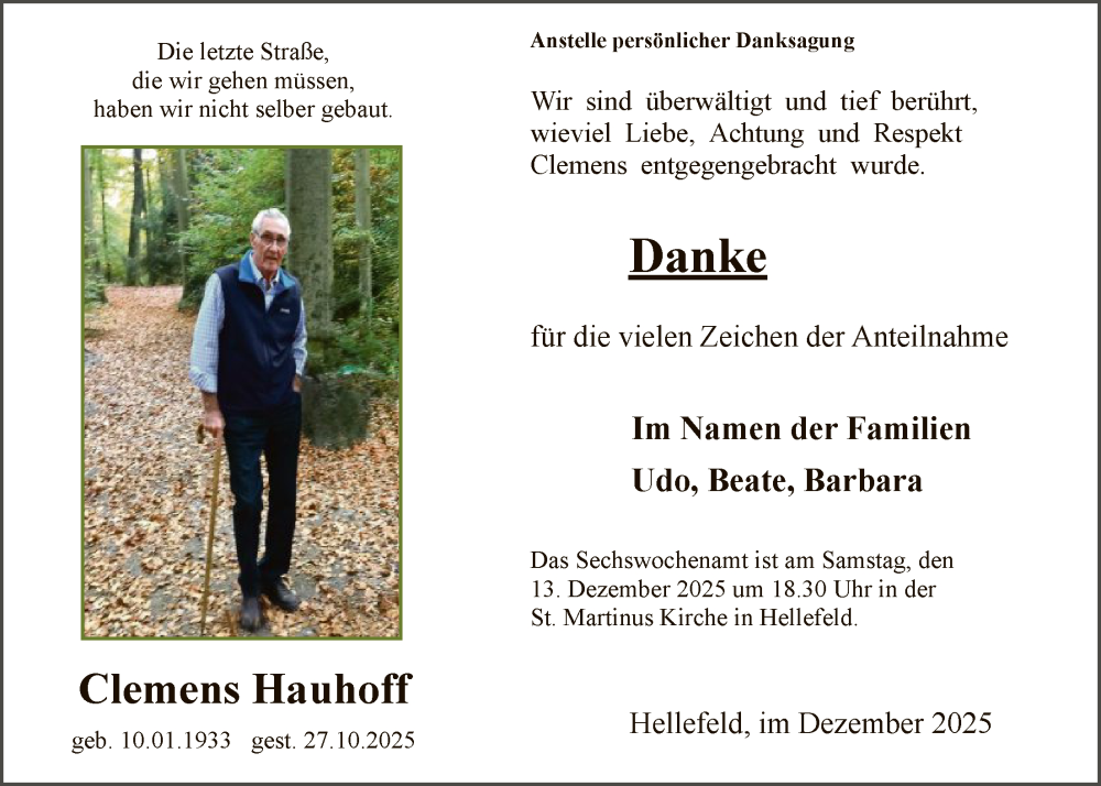  Traueranzeige für Clemens Hauhoff vom 06.12.2025 aus HASK