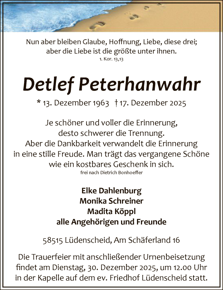  Traueranzeige für Detlef Peterhanwahr vom 20.12.2025 aus HALN