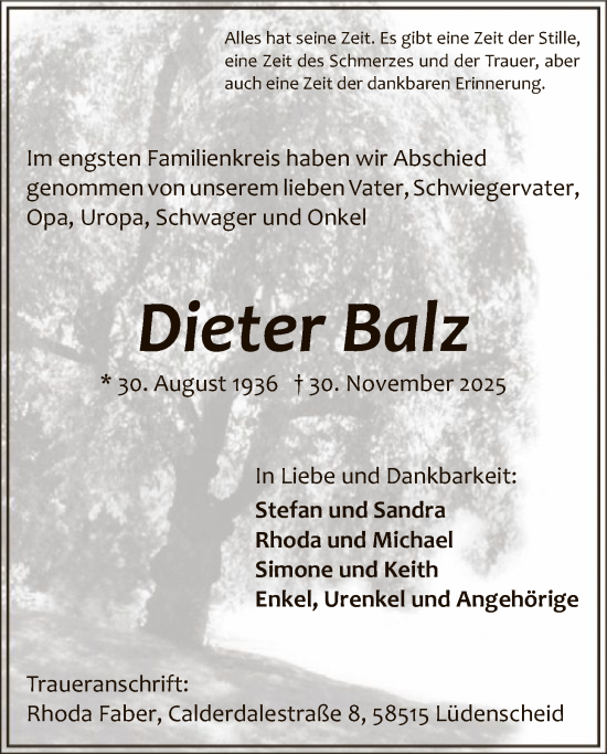 Traueranzeige von Dieter Balz von HALN