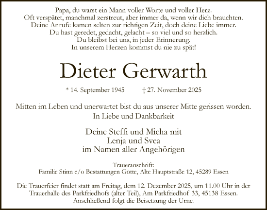 Traueranzeige von Dieter Gerwarth von HASK