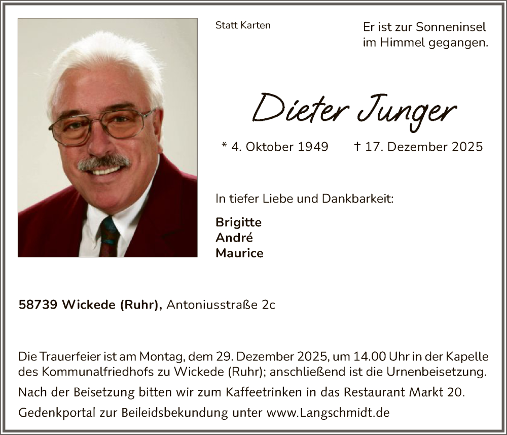  Traueranzeige für Dieter Junger vom 24.12.2025 aus HASO