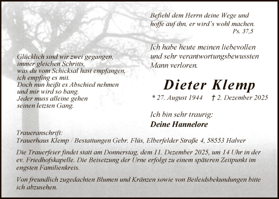 Traueranzeige von Dieter Klemp von HALN