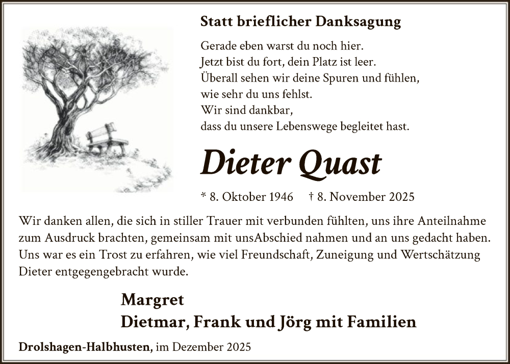  Traueranzeige für Dieter Quast vom 20.12.2025 aus HASK