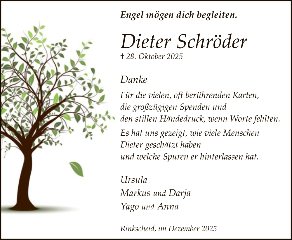 Traueranzeige für Dieter Schröder vom 13.12.2025 aus HALN