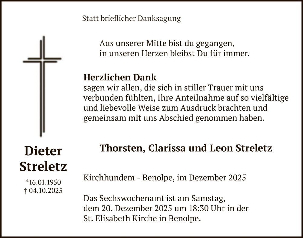  Traueranzeige für Dieter Streletz vom 13.12.2025 aus HASK