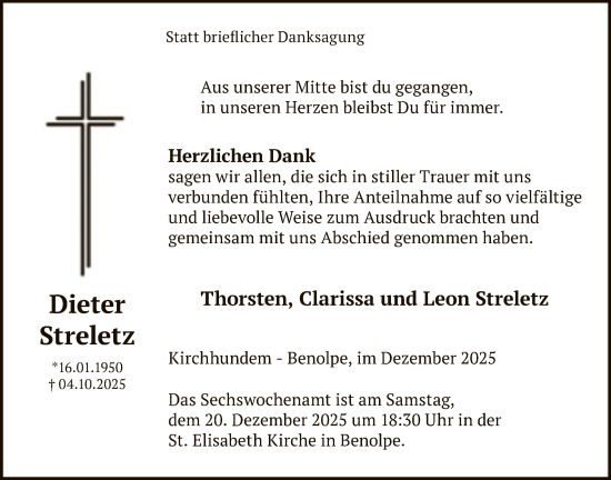 Traueranzeige von Dieter Streletz von HASK