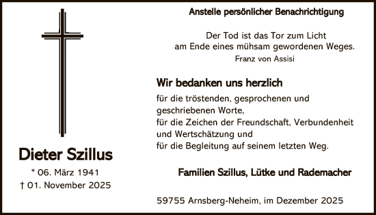 Traueranzeige von Dieter Szillus von HASK