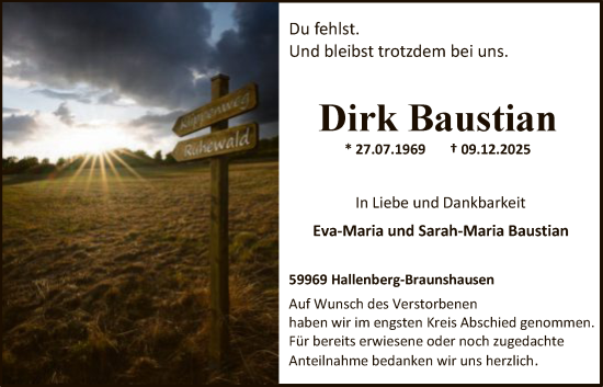 Traueranzeige von Dirk Baustian von HASK