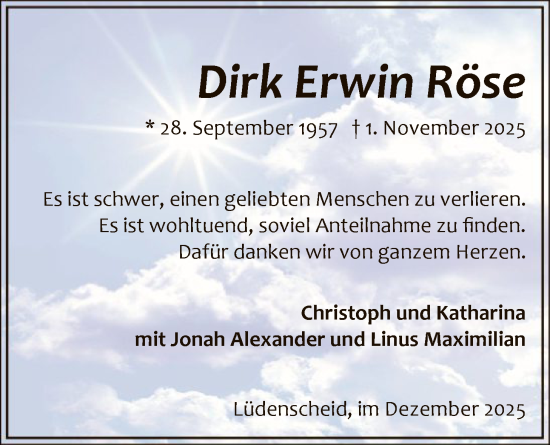 Traueranzeige von Dirk Erwin Röse von HALN