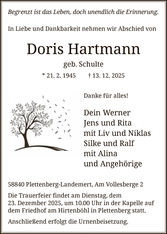 Traueranzeige von Doris Hartmann von HALN