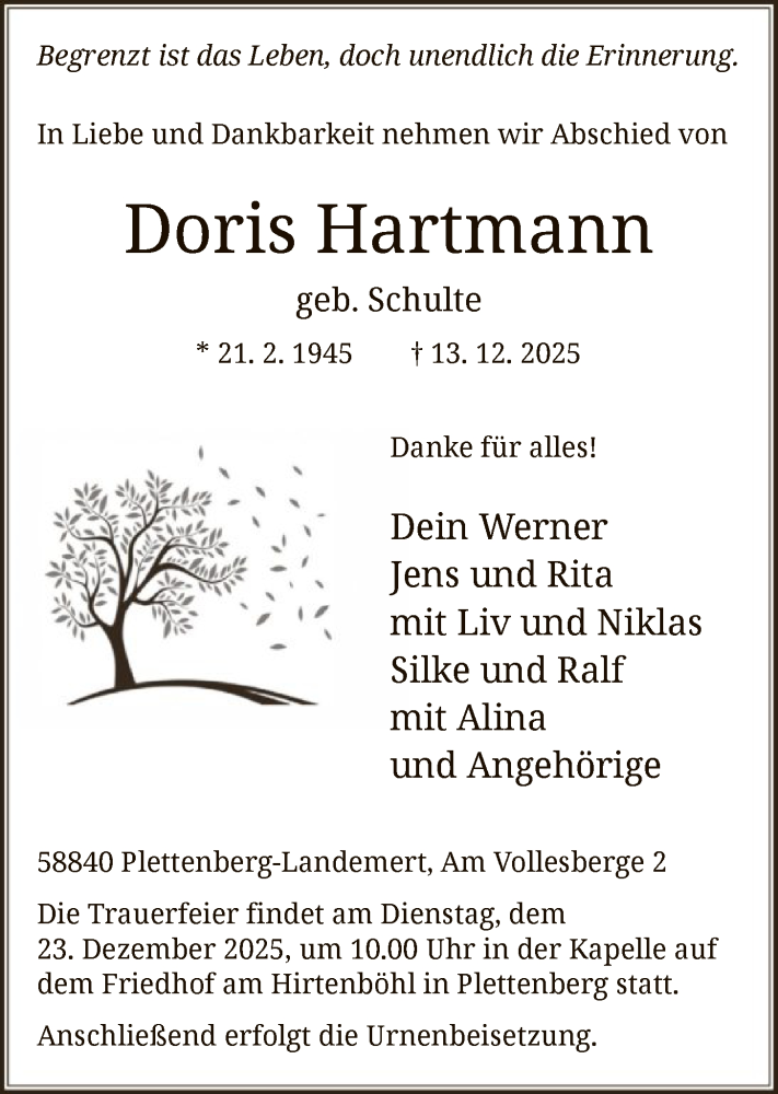  Traueranzeige für Doris Hartmann vom 20.12.2025 aus HALN