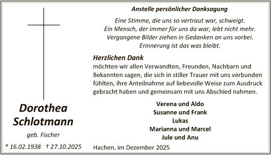 Traueranzeige von Dorothea Schlotmann von HASK