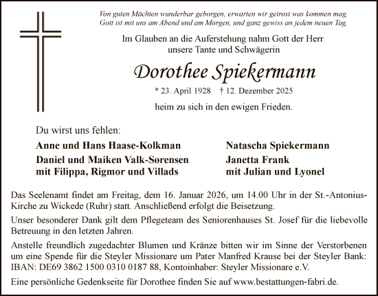 Traueranzeige von Dorothee Spiekermann von HASO