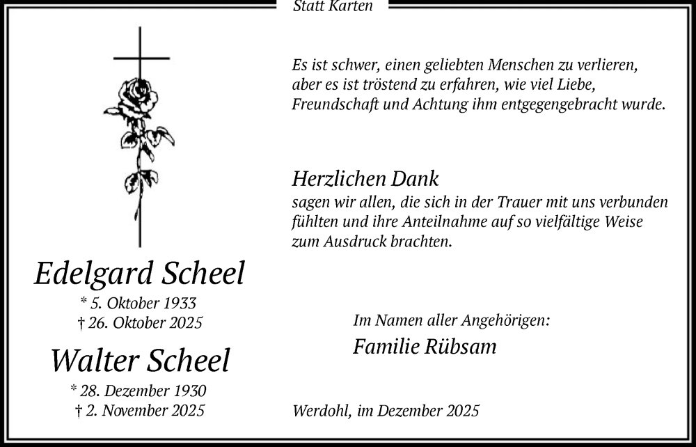  Traueranzeige für Edelgard und Walter Scheel vom 13.12.2025 aus HALN