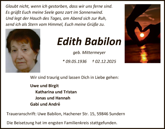 Traueranzeige von Edith Babilon von HASK