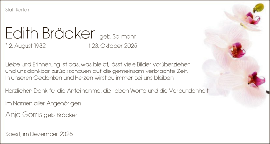 Traueranzeige von Edith Bräcker von HASO