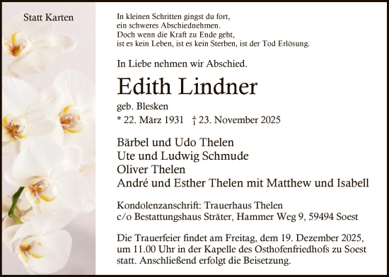 Traueranzeige von Edith Lindner von HASO
