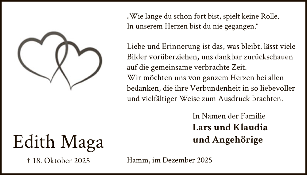  Traueranzeige für Edith Maga vom 06.12.2025 aus HAWA