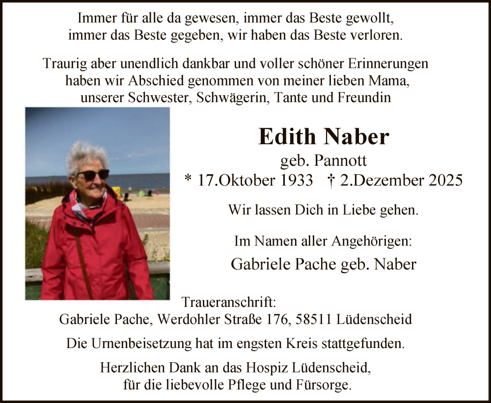  Traueranzeige für Edith Naber vom 13.12.2025 aus HALN