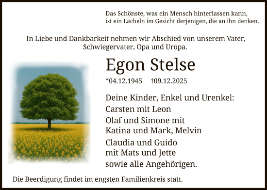 Traueranzeige von Egon Stelse von HALN