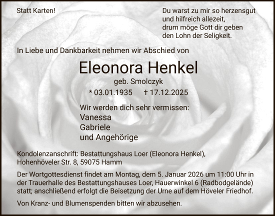 Traueranzeige von Eleonora Henkel von HAWA