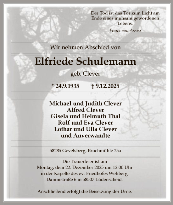 Traueranzeige von Elfriede Schulemann von HALN