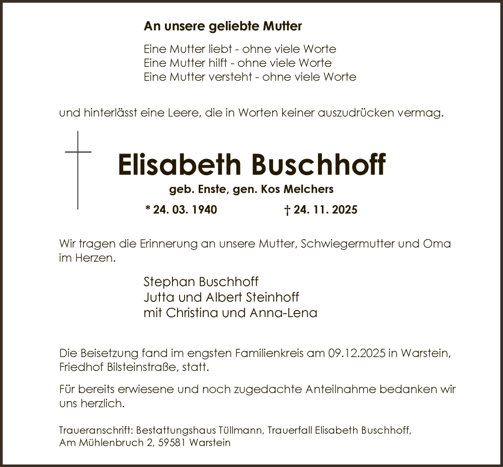  Traueranzeige für Elisabeth Buschhoff vom 13.12.2025 aus HASO