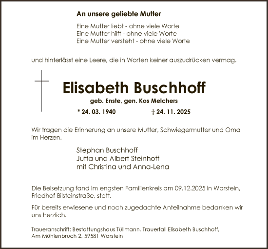 Traueranzeige von Elisabeth Buschhoff von HASO