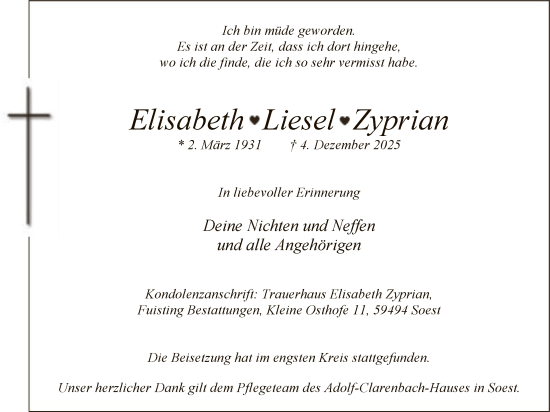 Traueranzeige von Elisabeth Zyprian von HASO