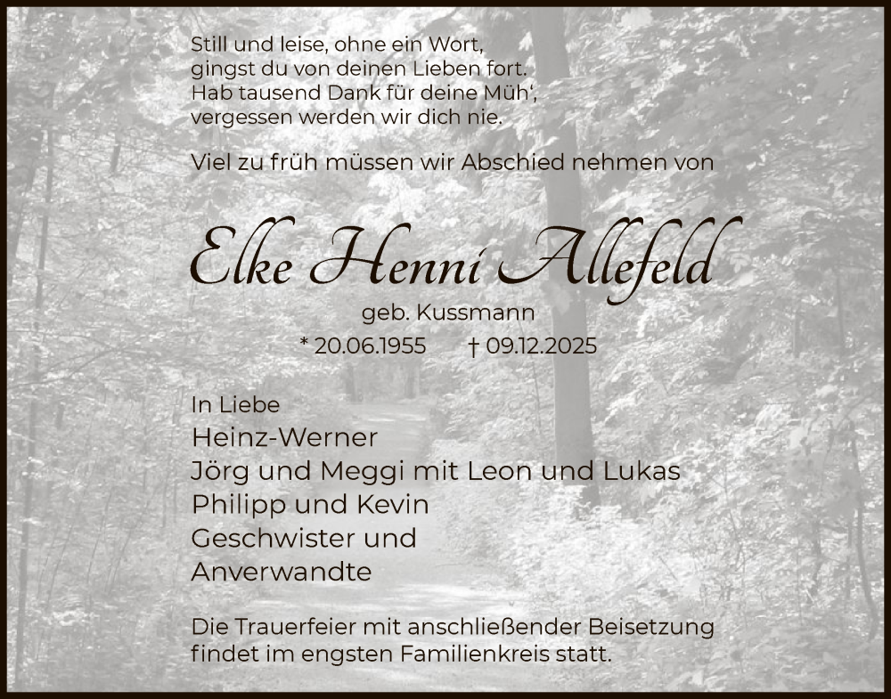  Traueranzeige für Elke Henni Allefeld vom 20.12.2025 aus HALN