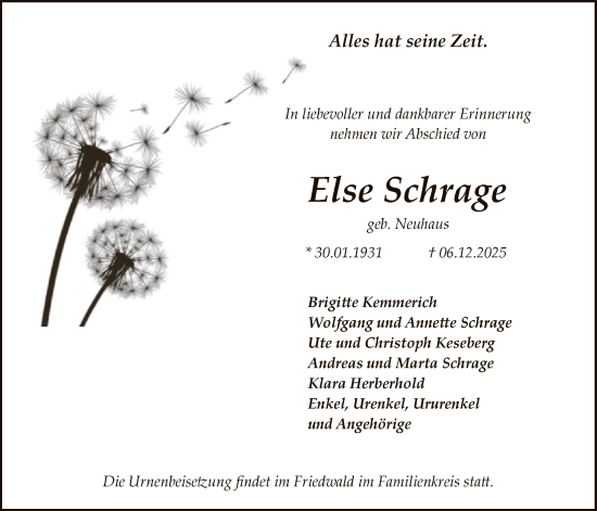 Traueranzeige von Else Schrage von HASK