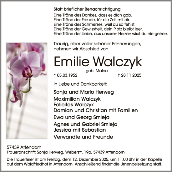 Traueranzeige von Emilie Walczyk von HASK