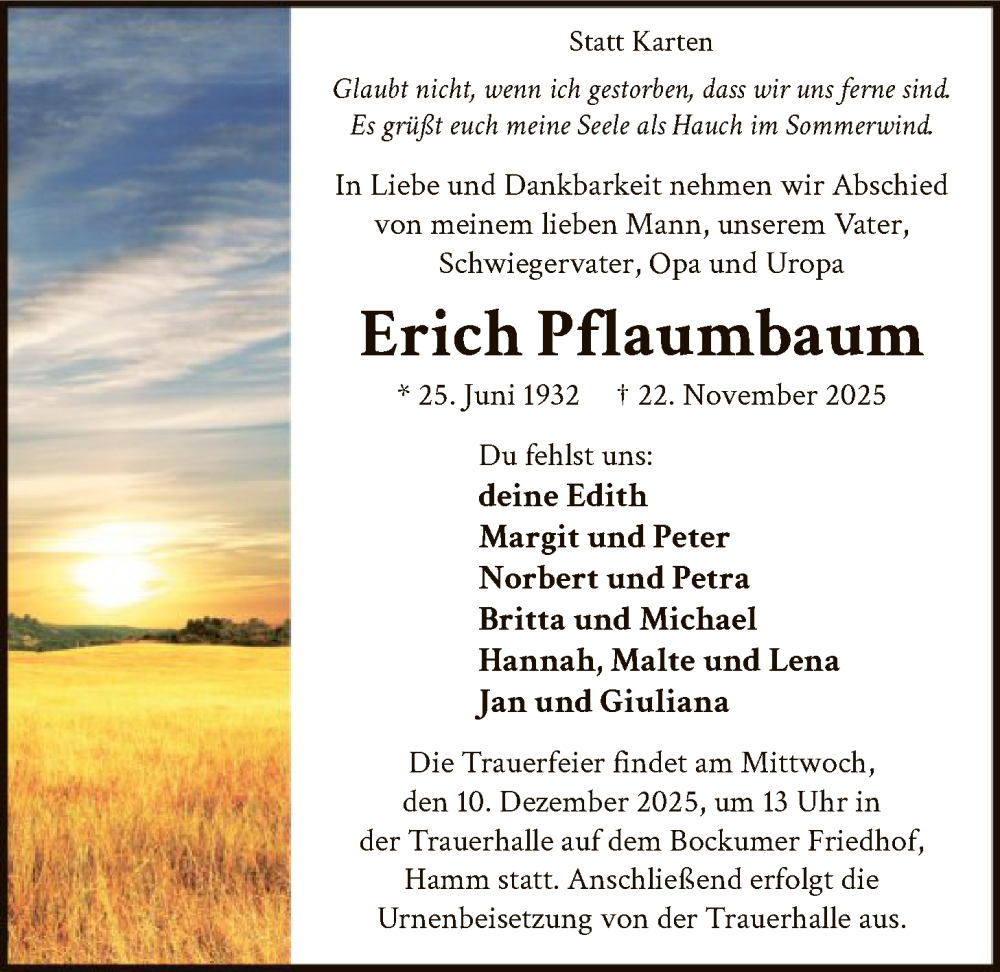  Traueranzeige für Erich Pflaumbaum vom 06.12.2025 aus HAWA