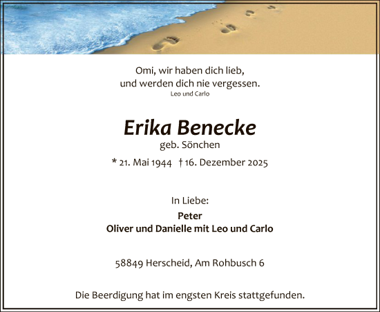 Traueranzeige von Erika Benecke von HALN